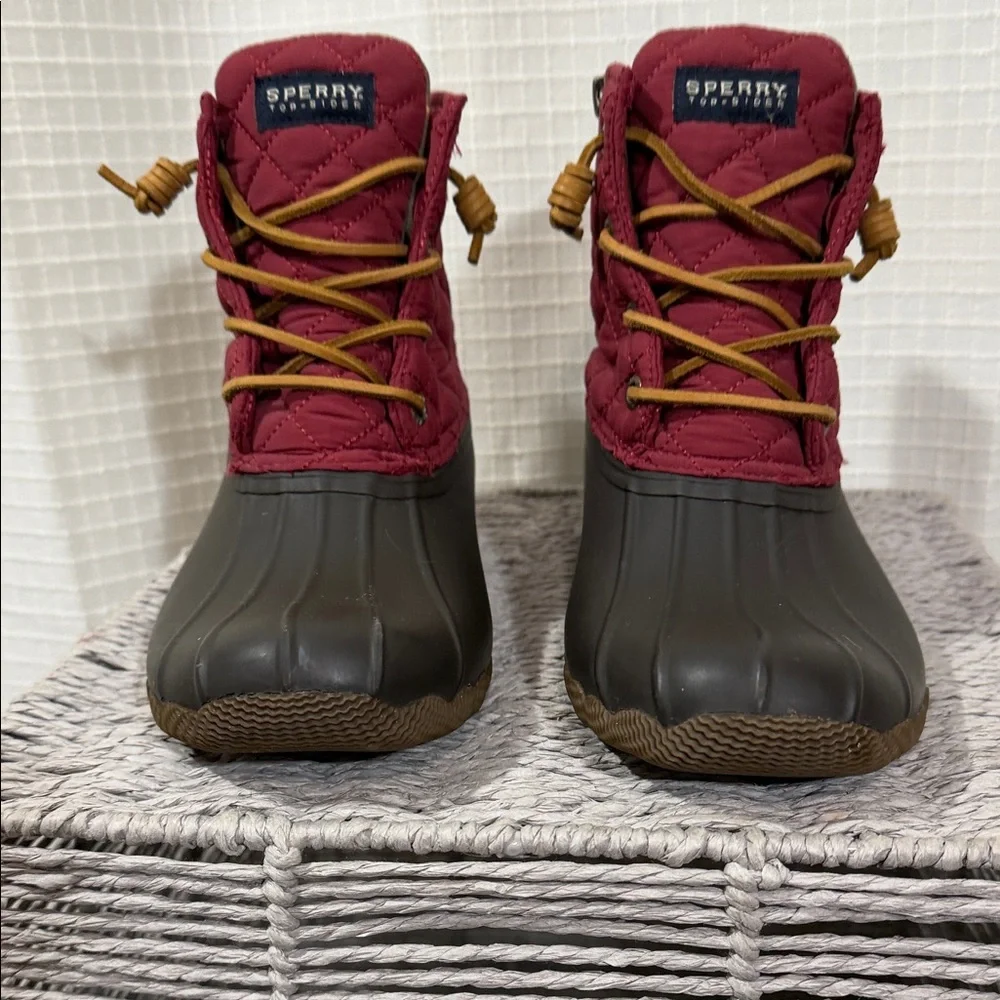 Sperry Wms sz 9 Quilted Duck Boots rain waterproof rubber burgundy Red Brown - Picture 3 of 9